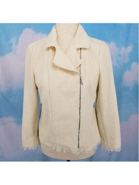 Rebecca Taylor Tweed Moto Jacket Cream Frayed Edge Size 6